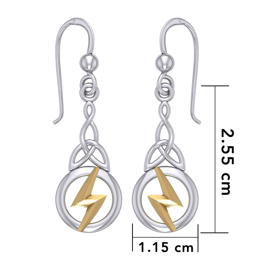 Zeus God Lightning Bolt with Celtic Trinity Knot Silver and Gold Earrings MER1966