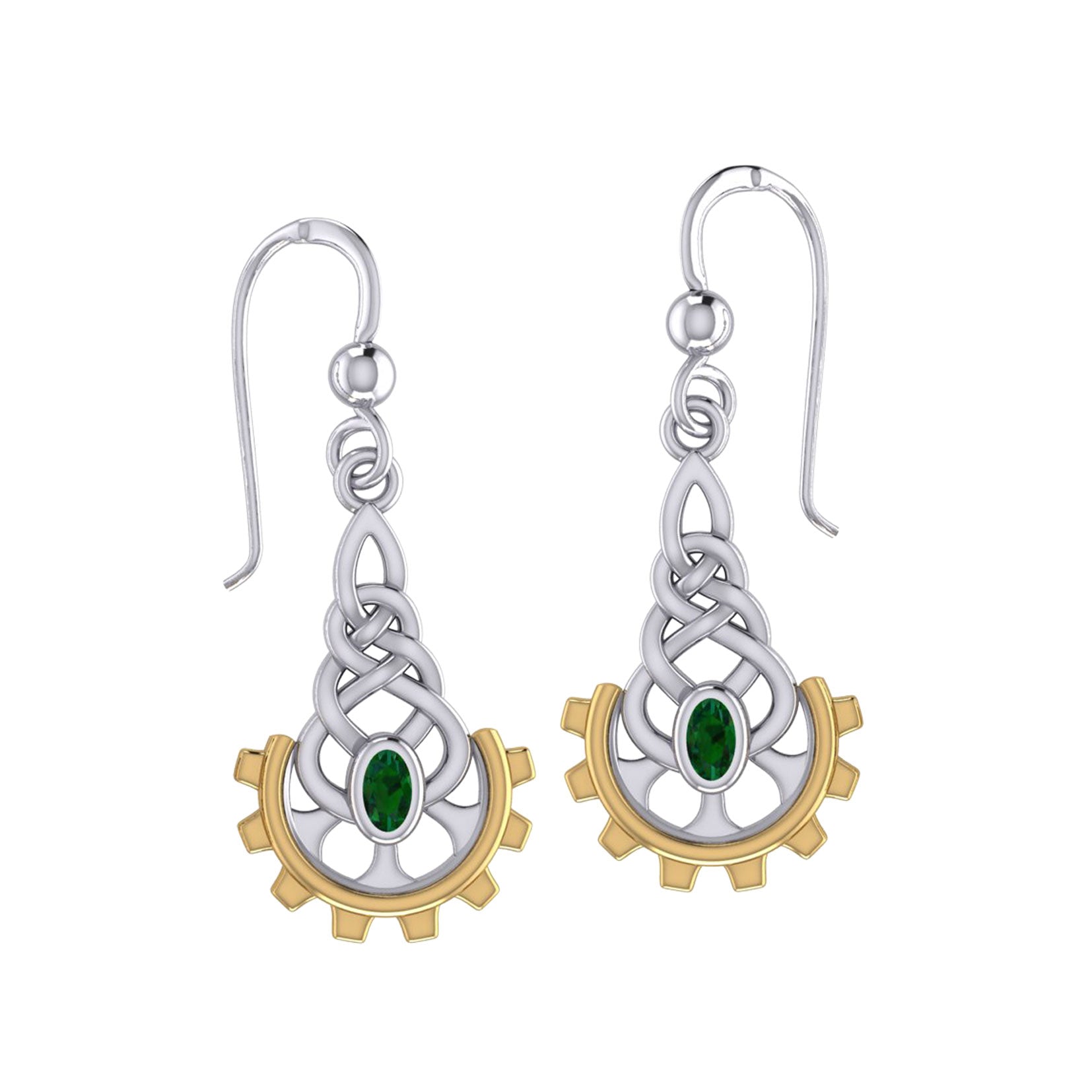 Steampunk Celtic Silver and 14K Gold Accent Earrings with Gemstone MER2116