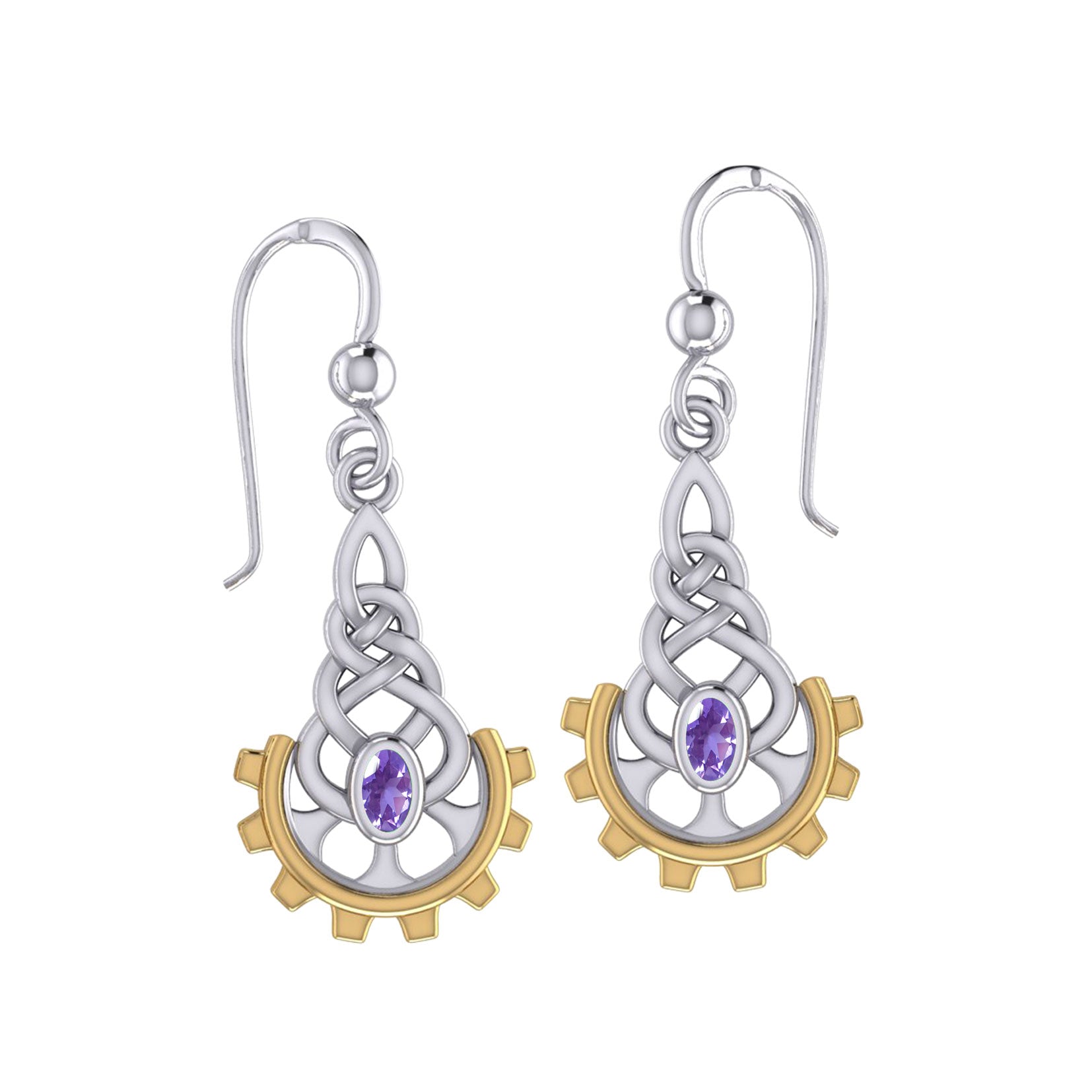 Steampunk Celtic Silver and 14K Gold Accent Earrings with Gemstone MER2116