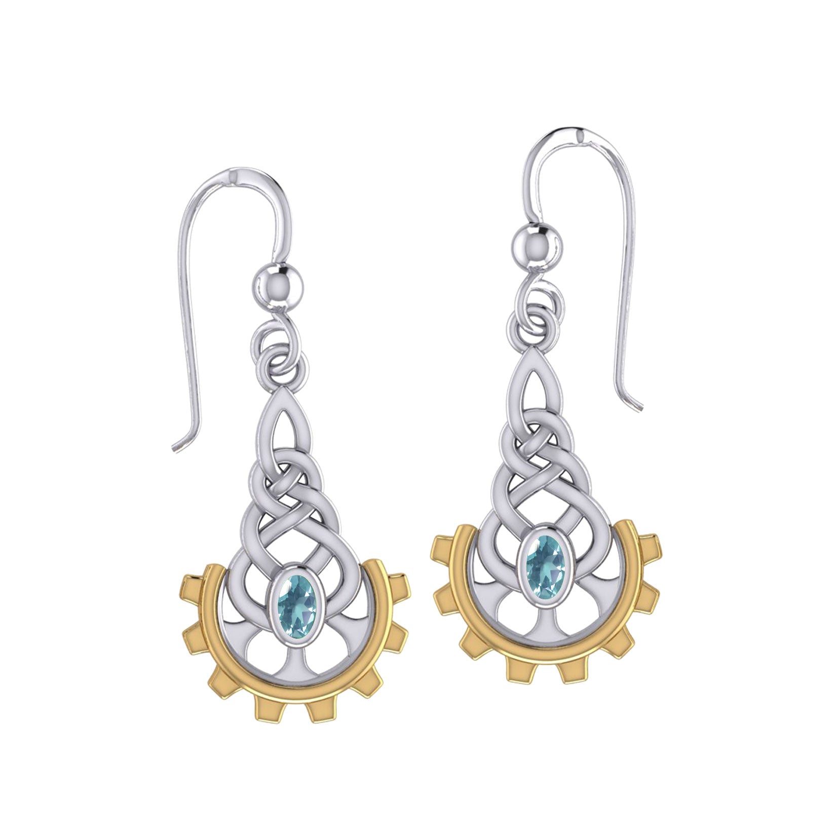 Steampunk Celtic Silver and 14K Gold Accent Earrings with Gemstone MER2116