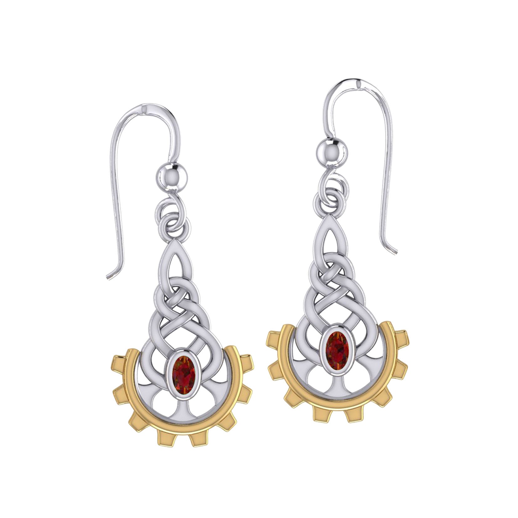 Steampunk Celtic Silver and 14K Gold Accent Earrings with Gemstone MER2116