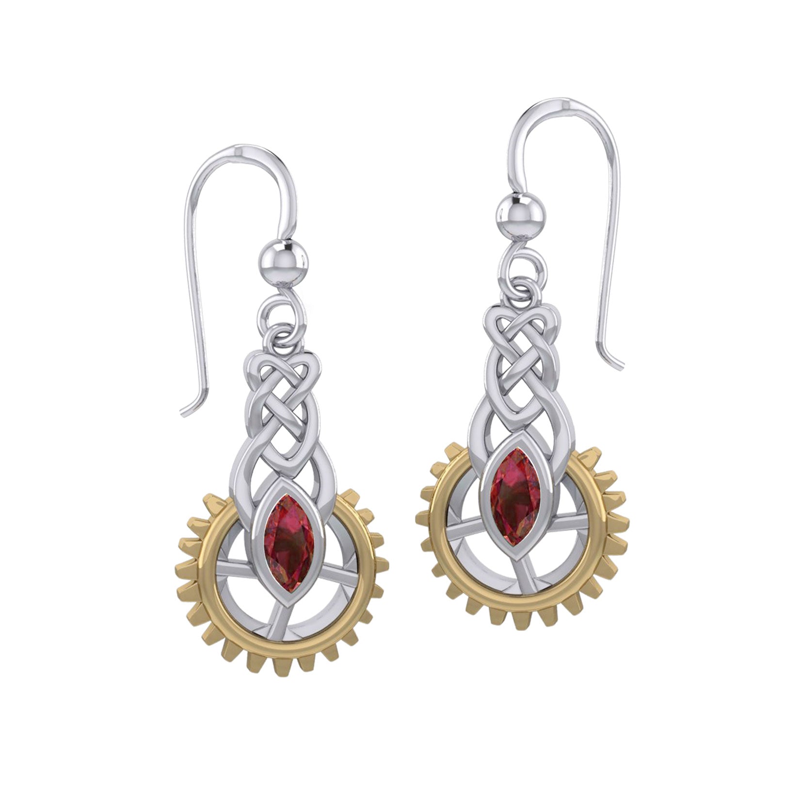 Steampunk Celtic Silver and Gold Accent Earrings with Marquise Gemstone MER2118