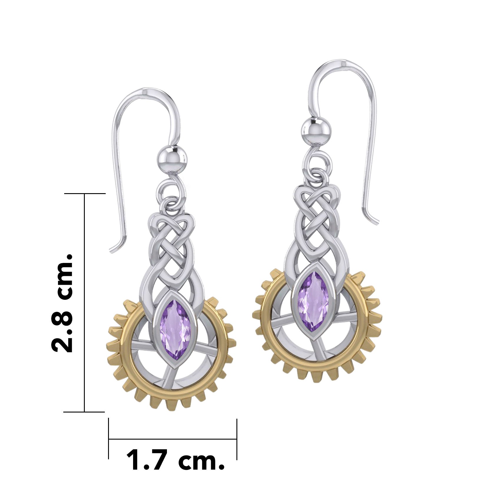 Steampunk Celtic Silver and Gold Accent Earrings with Marquise Gemstone MER2118