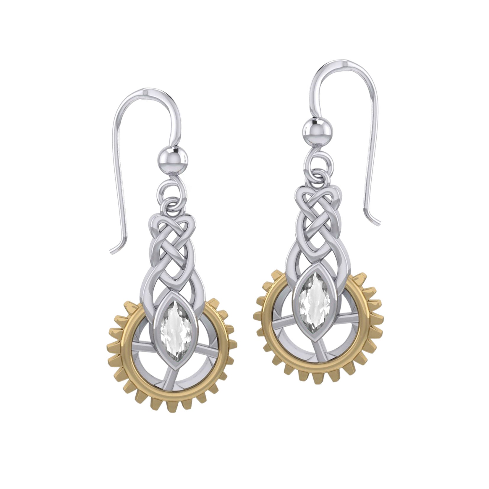 Steampunk Celtic Silver and Gold Accent Earrings with Marquise Gemstone MER2118