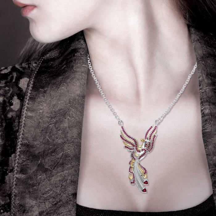 Mythical Phoenix arise! ~ Sterling Silver Jewelry Necklace with 14k Gold and Gemstone Accents - Jewelry