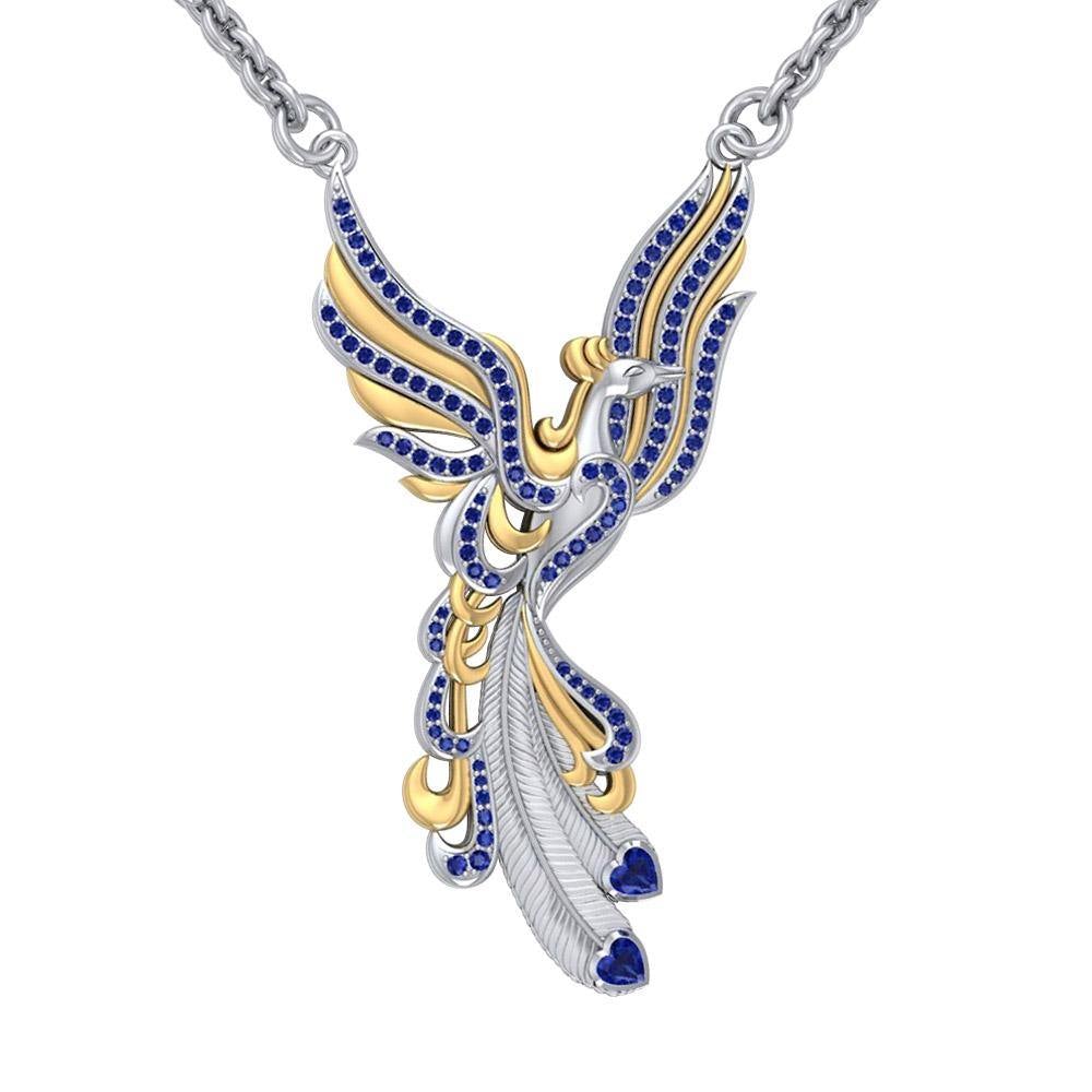 Mythical Phoenix arise! ~ Sterling Silver Jewelry Necklace with 14k Gold and Gemstone Accents - Jewelry