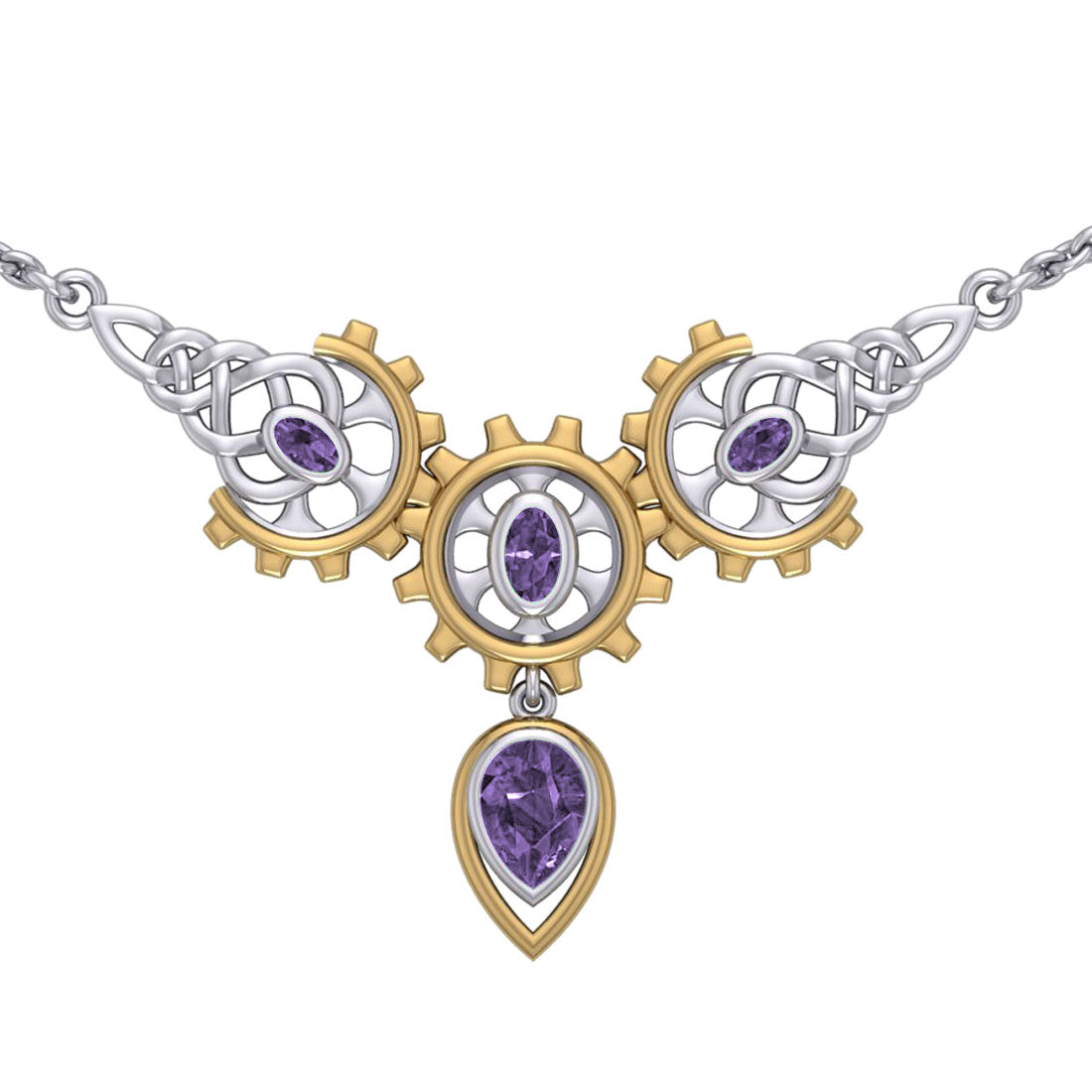 Steampunk Celtic Silver and Gold Accent Necklace with Gemstone MNC550