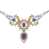 Steampunk Celtic Silver and Gold Accent Necklace with Gemstone MNC550