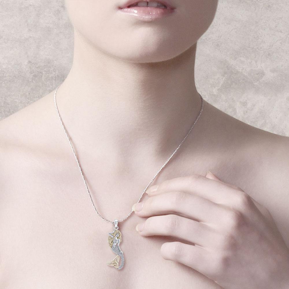 Mermaid Goddess with Gold Trinity Knot Tail Sterling Silver Pendant MPD4938 - Jewelry