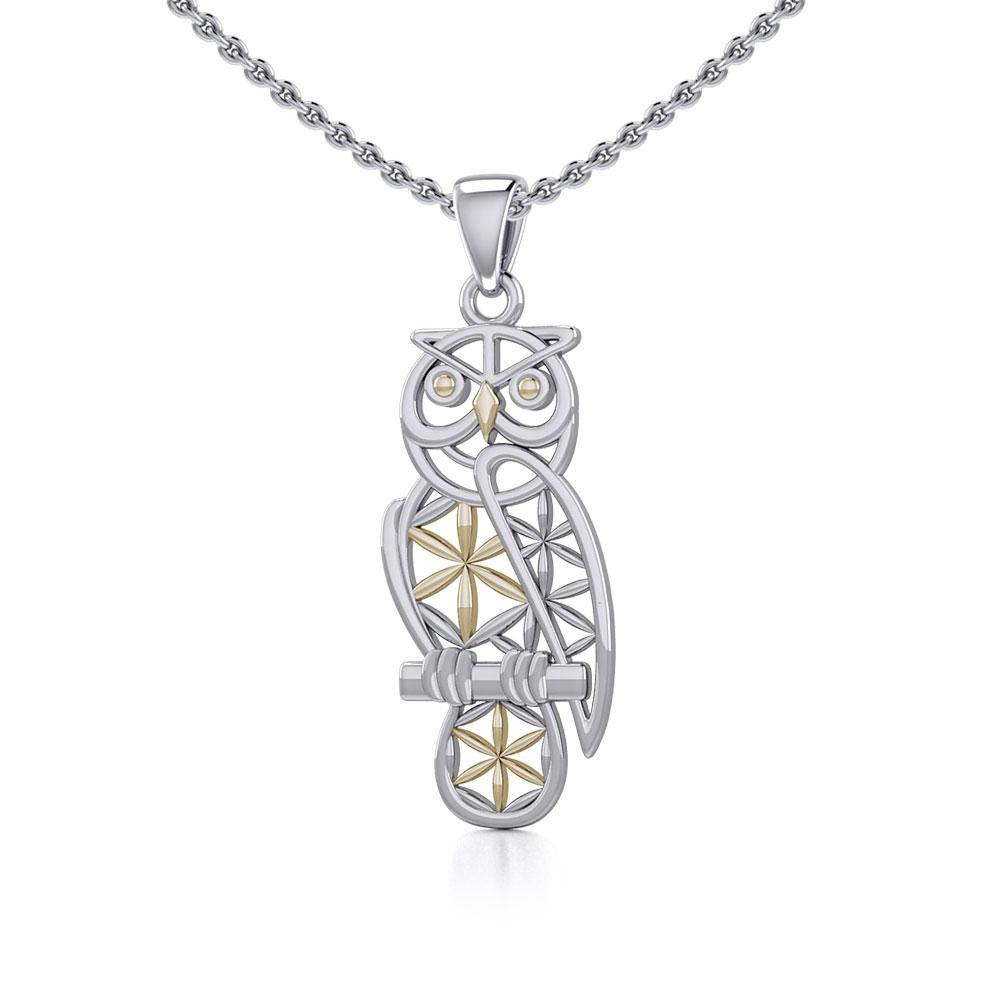 Owl with Flower of Life Silver and Gold Pendant MPD5266 - Jewelry