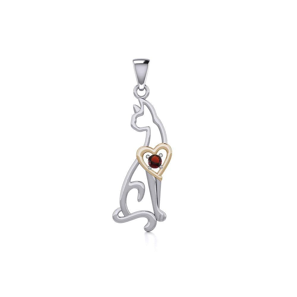Lovely Heart Cat Silver and Gold Pendant with Gem MPD5273 - Jewelry