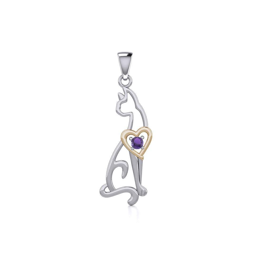 Lovely Heart Cat Silver and Gold Pendant with Gem MPD5273 - Jewelry