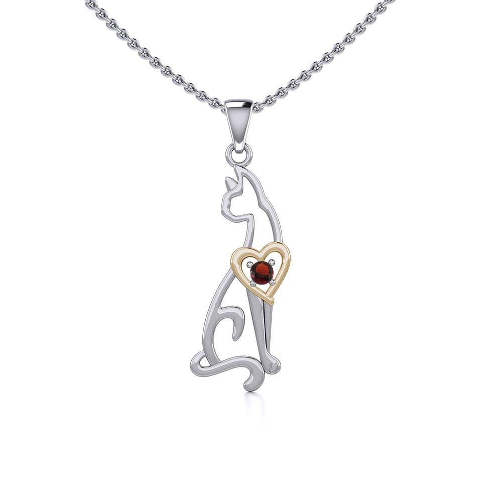 Lovely Heart Cat Silver and Gold Pendant with Gem MPD5273 - Jewelry
