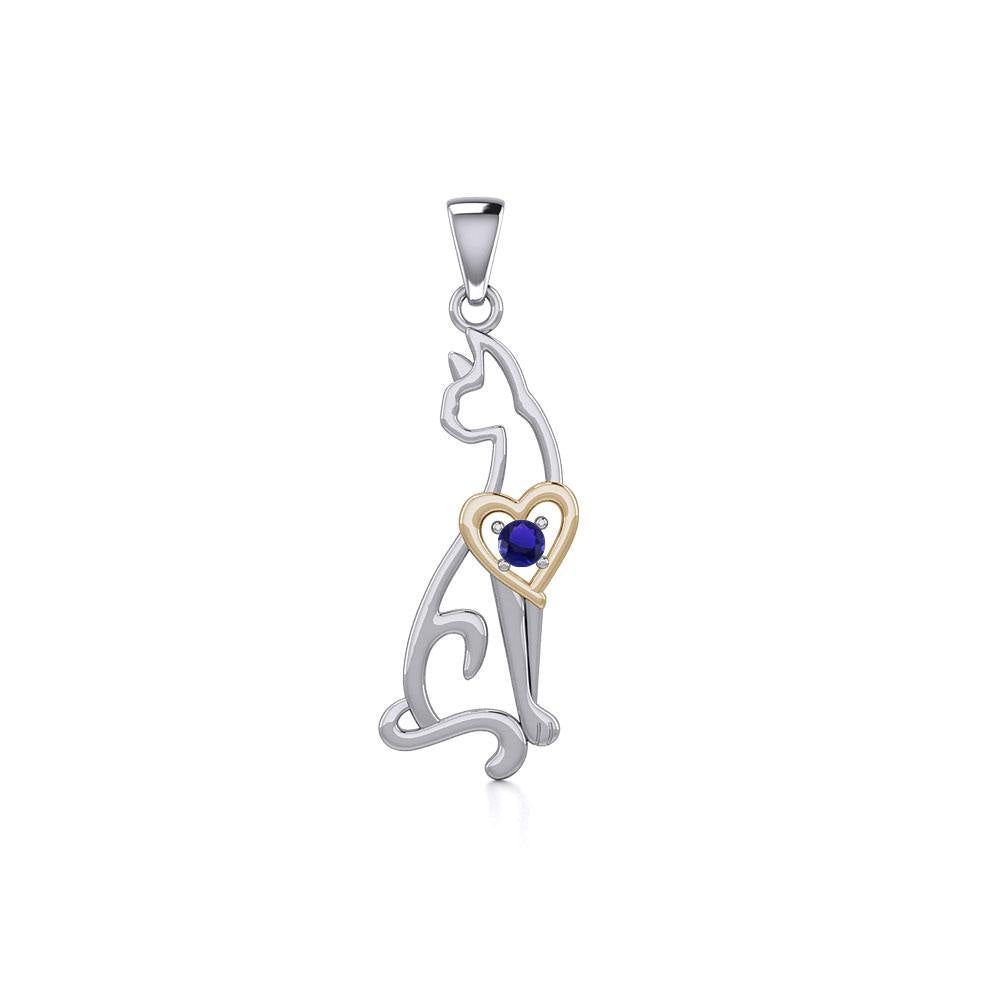 Lovely Heart Cat Silver and Gold Pendant with Gem MPD5273 - Jewelry
