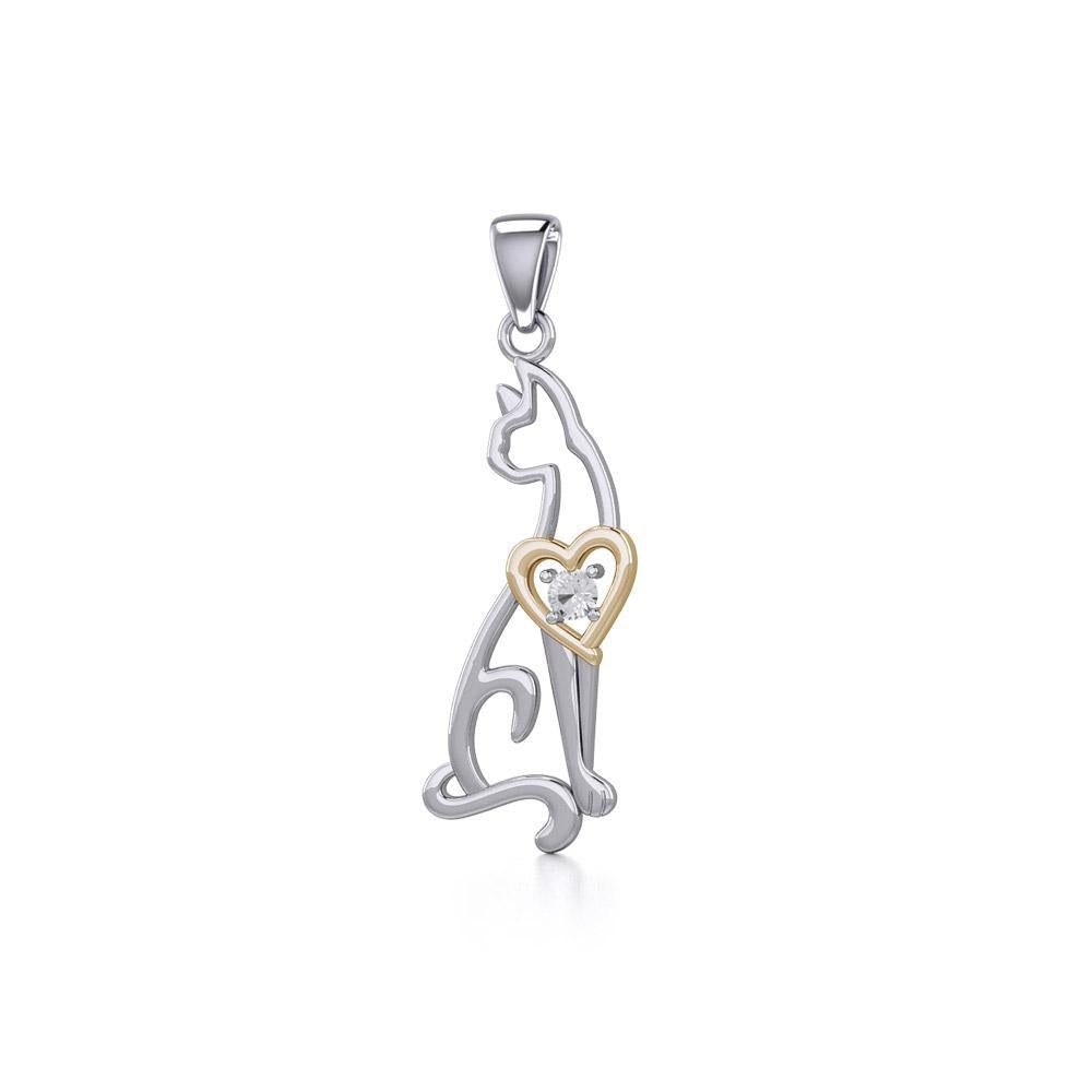 Lovely Heart Cat Silver and Gold Pendant with Gem MPD5273 - Jewelry