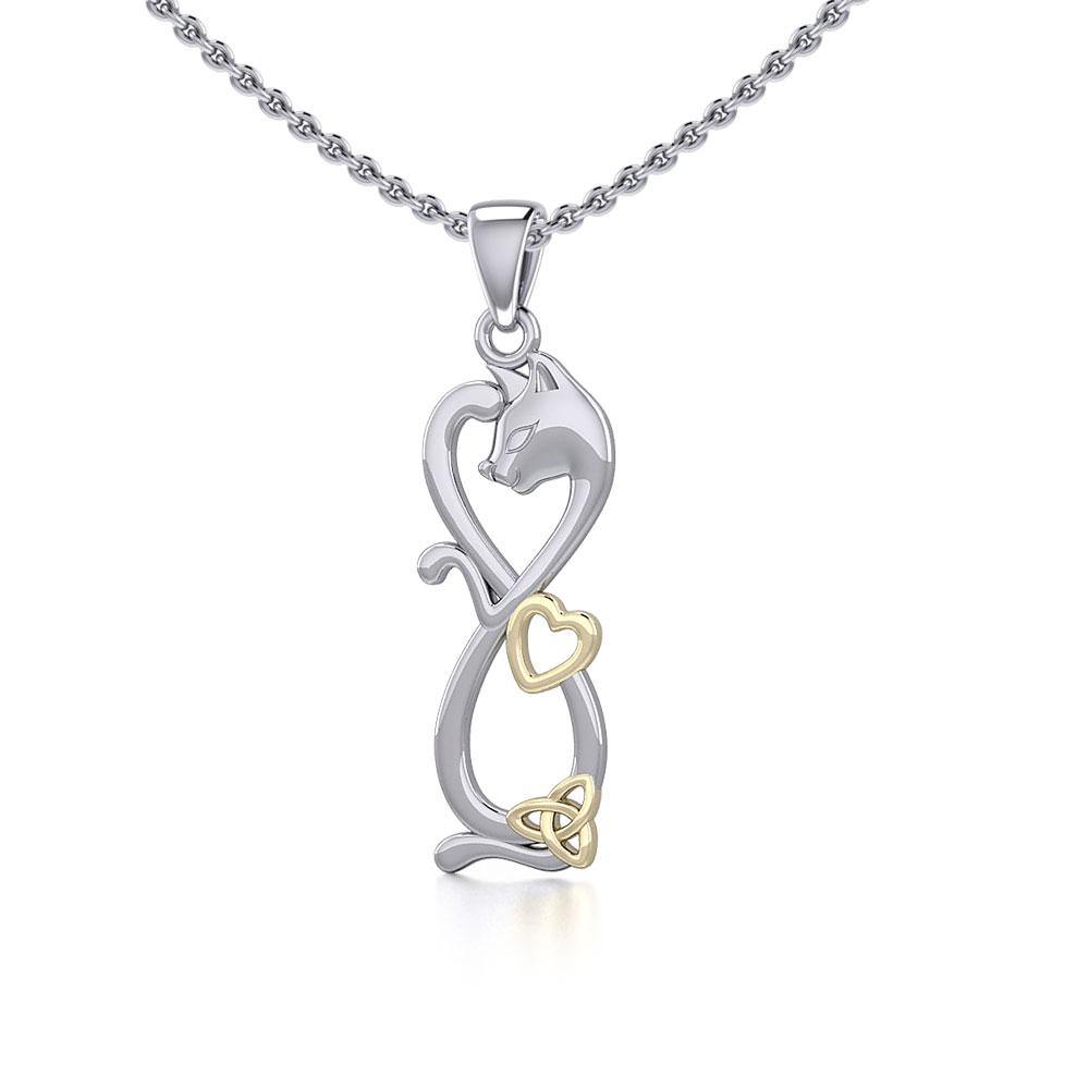 Infinity Cat with Heart and Celtic Trinity Knot Silver and Gold Pendant MPD5279 - Jewelry