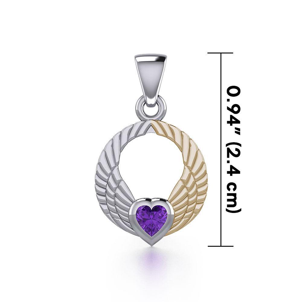 Double Angel Wings Silver and 14K Gold Plate Pendant with Gemstone MPD5286 - Jewelry