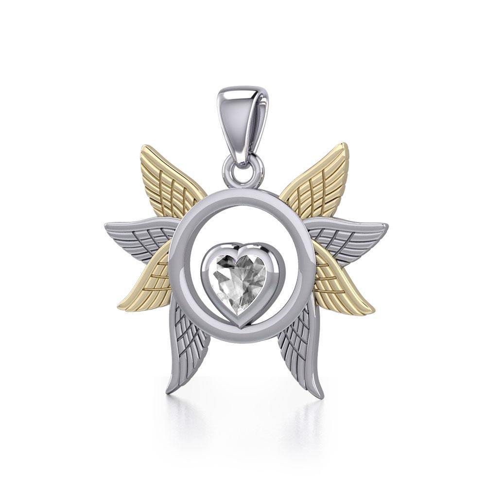 Spreading Angel Wings Silver and 14K Gold Plate Pendant with Gemstone MPD5289 - Jewelry