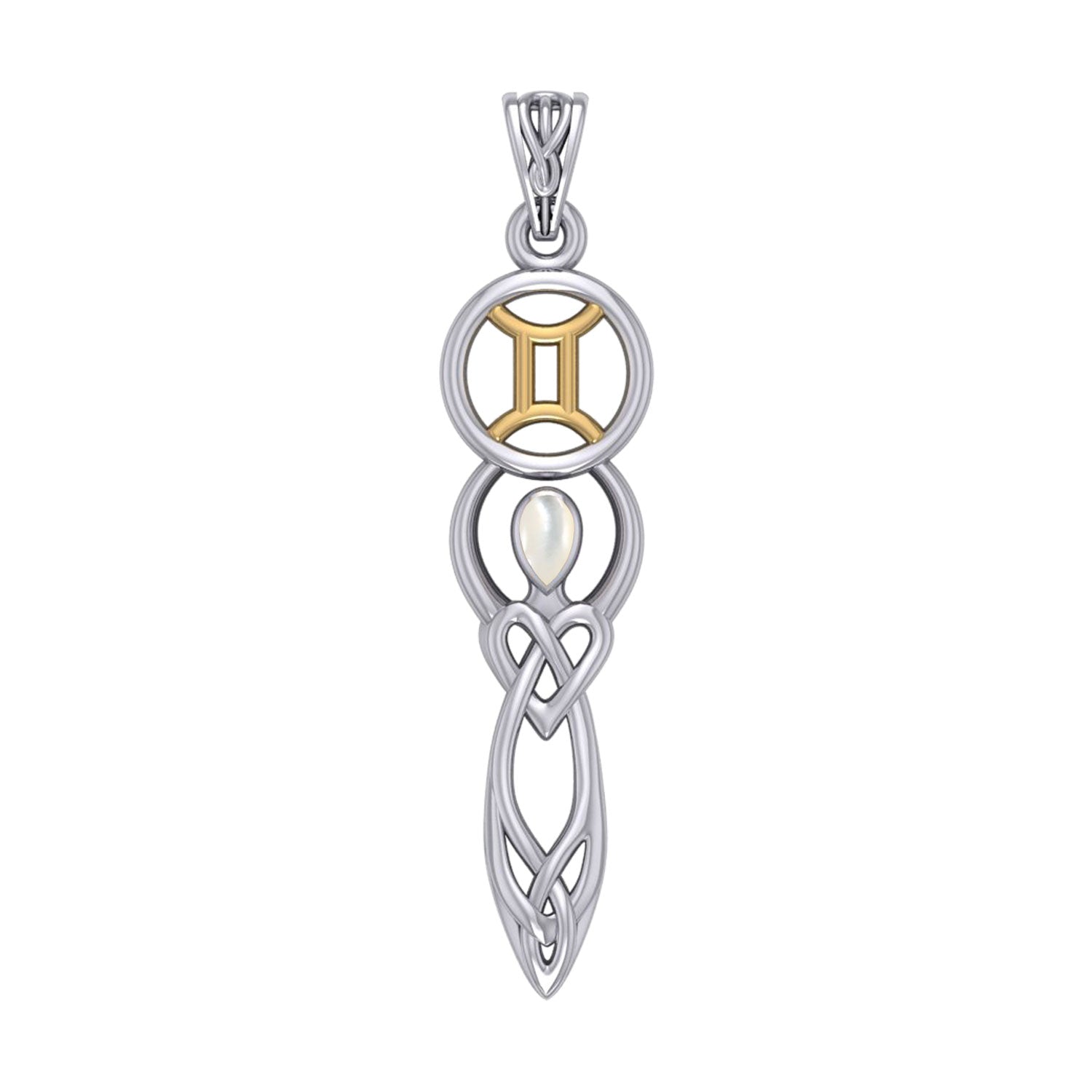 Celtic Goddess Gemini Astrology Zodiac Sign Silver and Gold Accents Pendant with Mother of Pearl MPD5937