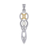 Celtic Goddess Gemini Astrology Zodiac Sign Silver and Gold Accents Pendant with Mother of Pearl MPD5937