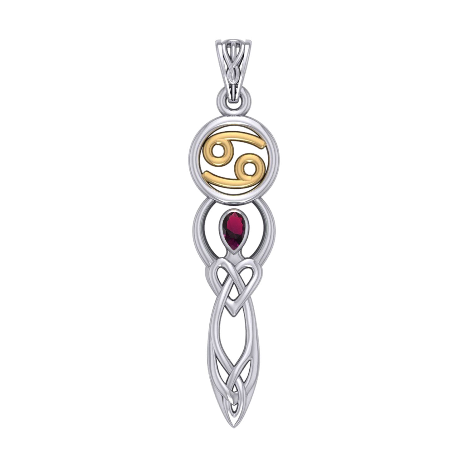 Celtic Goddess Cancer Astrology Zodiac Sign Silver and Gold Accents Pendant with Ruby MPD5938