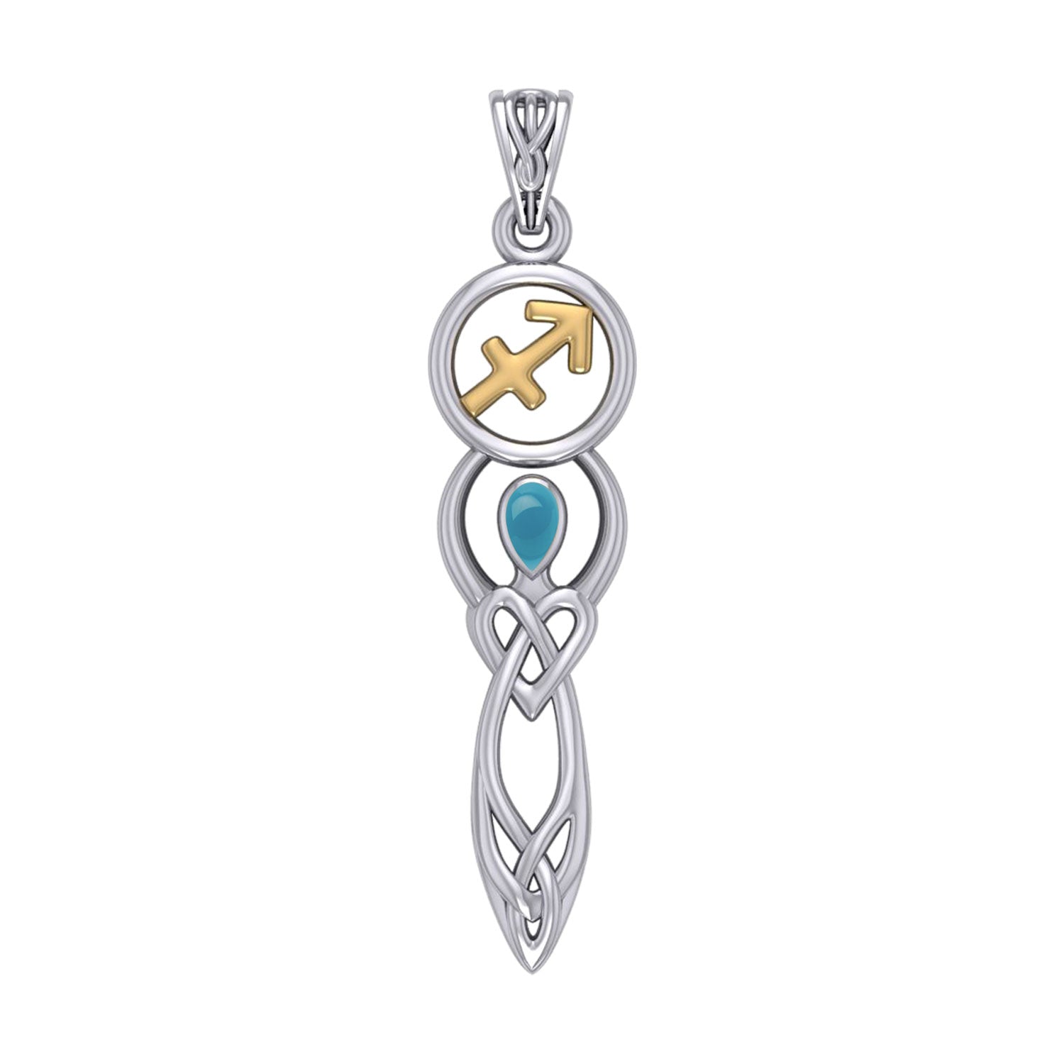 Celtic Goddess Sagittarius Astrology Zodiac Sign Silver and Gold Accents Pendant with Turquoise MPD5943