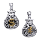 Celtic Infinity Money Bag with Wealth and Prosperity Bind Rune Sterling Silver and 14K Gold Accents Pendant MPD5962