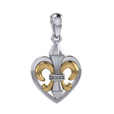 A powerful Sterling Silver with 14K Gold accent Jewelry Pendant in Fleur-de-Lis and Heart MPD6067