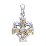 A powerful combination of Celtic elements ~ Fleur-de-Lis and Celtic Cross Silver and 14K Gold Accent Pendant MPD6068