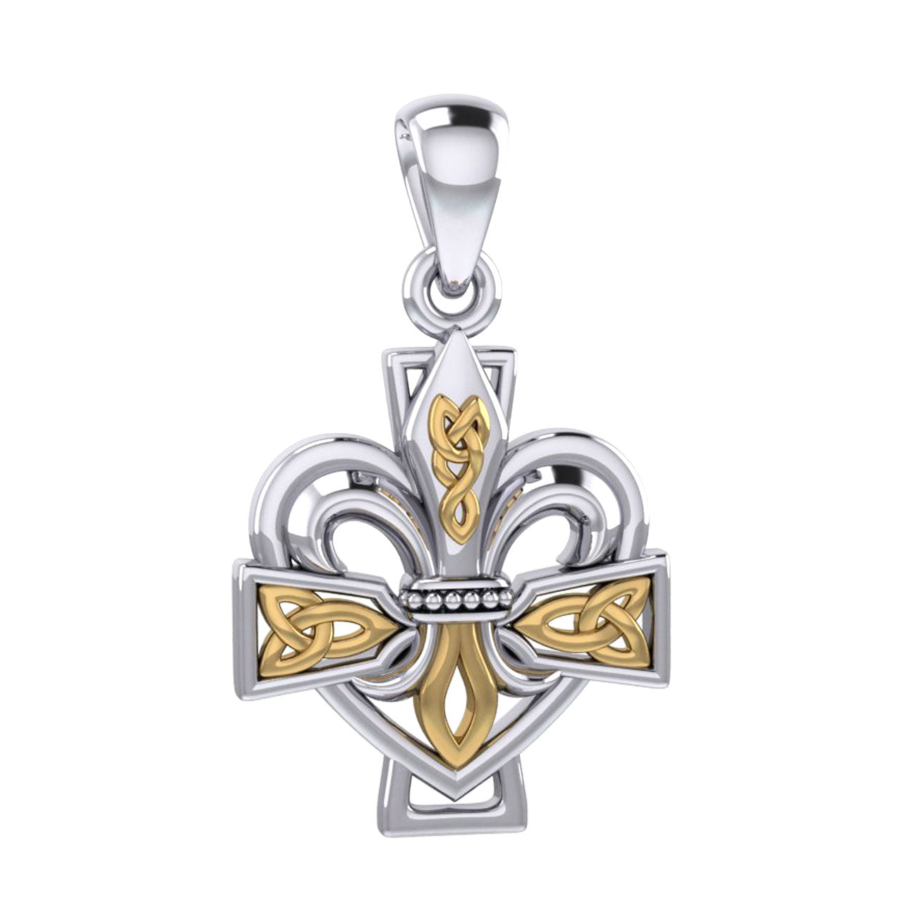 A powerful combination of Celtic elements ~ Fleur-de-Lis and Celtic Cross Silver and 14K Gold Accent Pendant MPD6068
