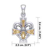 A powerful combination of Celtic elements ~ Fleur-de-Lis and Celtic Cross Silver and 14K Gold Accent Pendant MPD6068