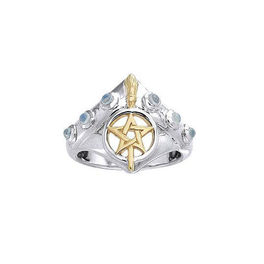 Broomstick & Pentacle Silver and 18K Gold Accent Ring MRI343