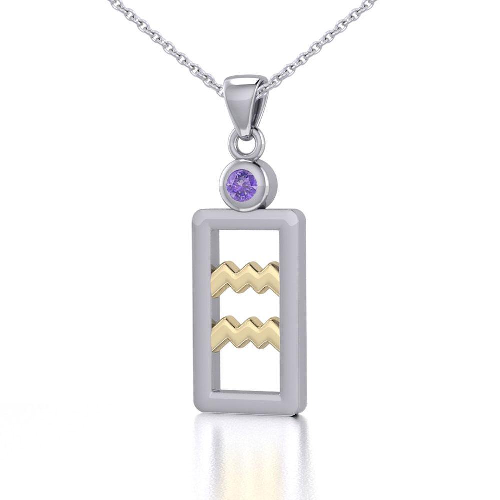 Aquarius Zodiac Sign Silver and Gold Pendant with Amethyst and Chain Jewelry Set MSE782 - Jewelry