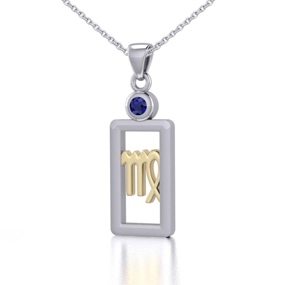 Virgo Zodiac Sign Silver and Gold Pendant with Created Sapphire and Chain Jewelry Set MSE789 - Jewelry