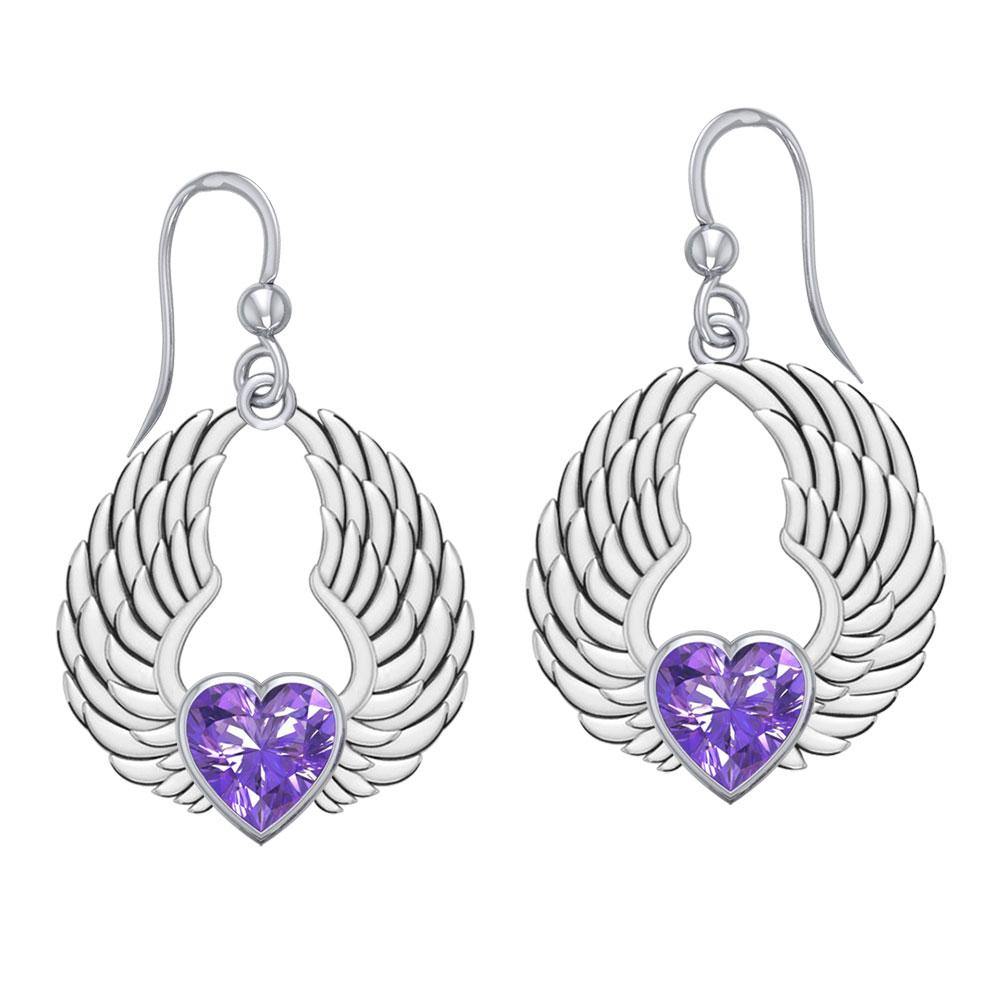 Gemstone Heart and Angel Wings Silver Earrings TER1742 - Jewelry