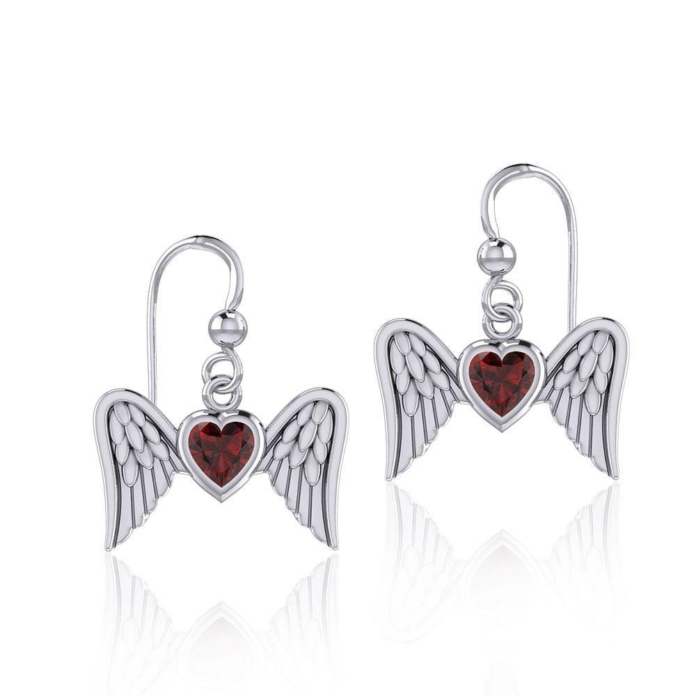 Gemstone Heart and Flying Angel Wings Silver Earrings TER1782 - Jewelry