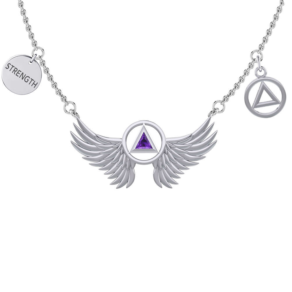 Strength Angel Wings with Gemstone AA Recovery Silver Necklace TNC554