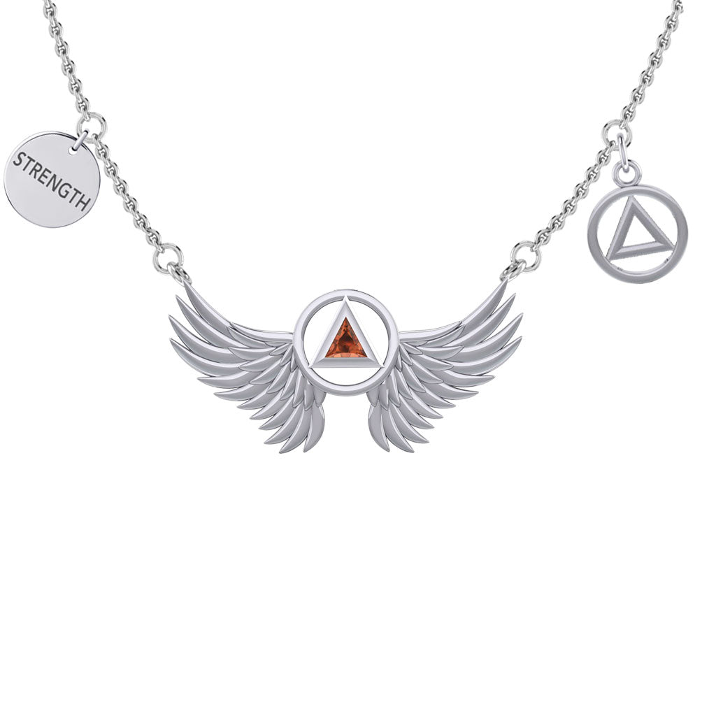 Strength Angel Wings with Gemstone AA Recovery Silver Necklace TNC554