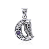 Owl with Celtic Crescent Moon Sterling Silver Pendant TPD4288