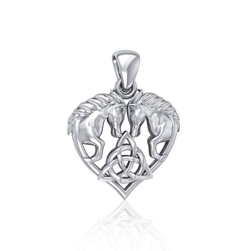 Silver Horses with Celtic Triquetra in Heart Pendant TPD5214 - Jewelry