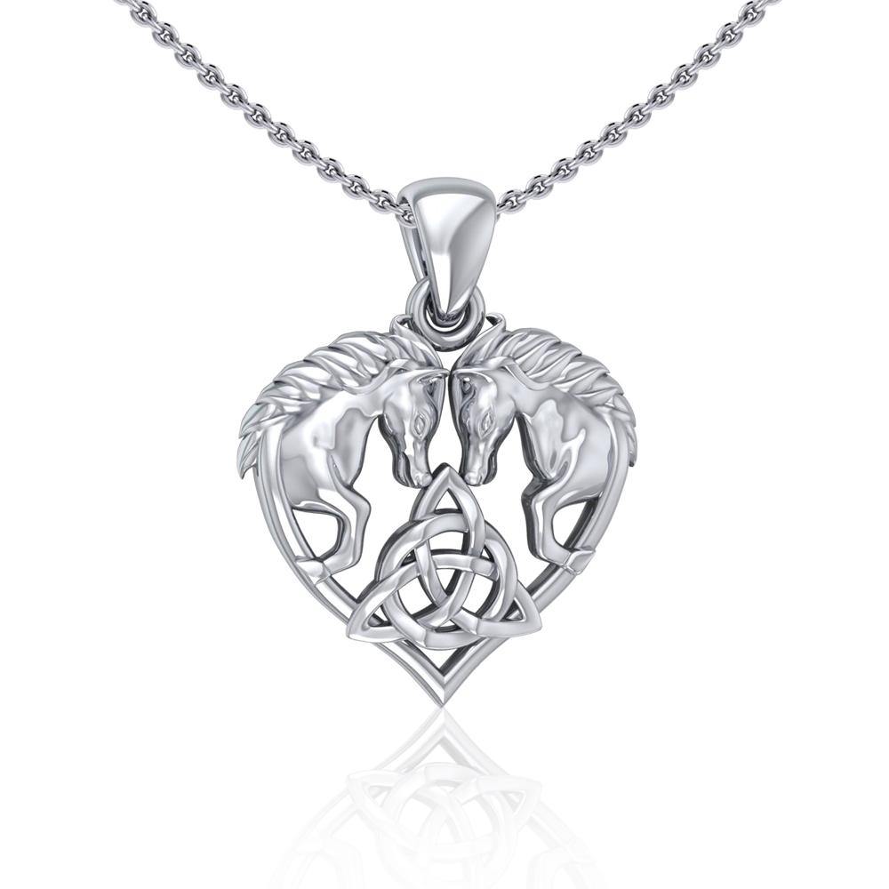 Silver Horses with Celtic Triquetra in Heart Pendant TPD5214 - Jewelry