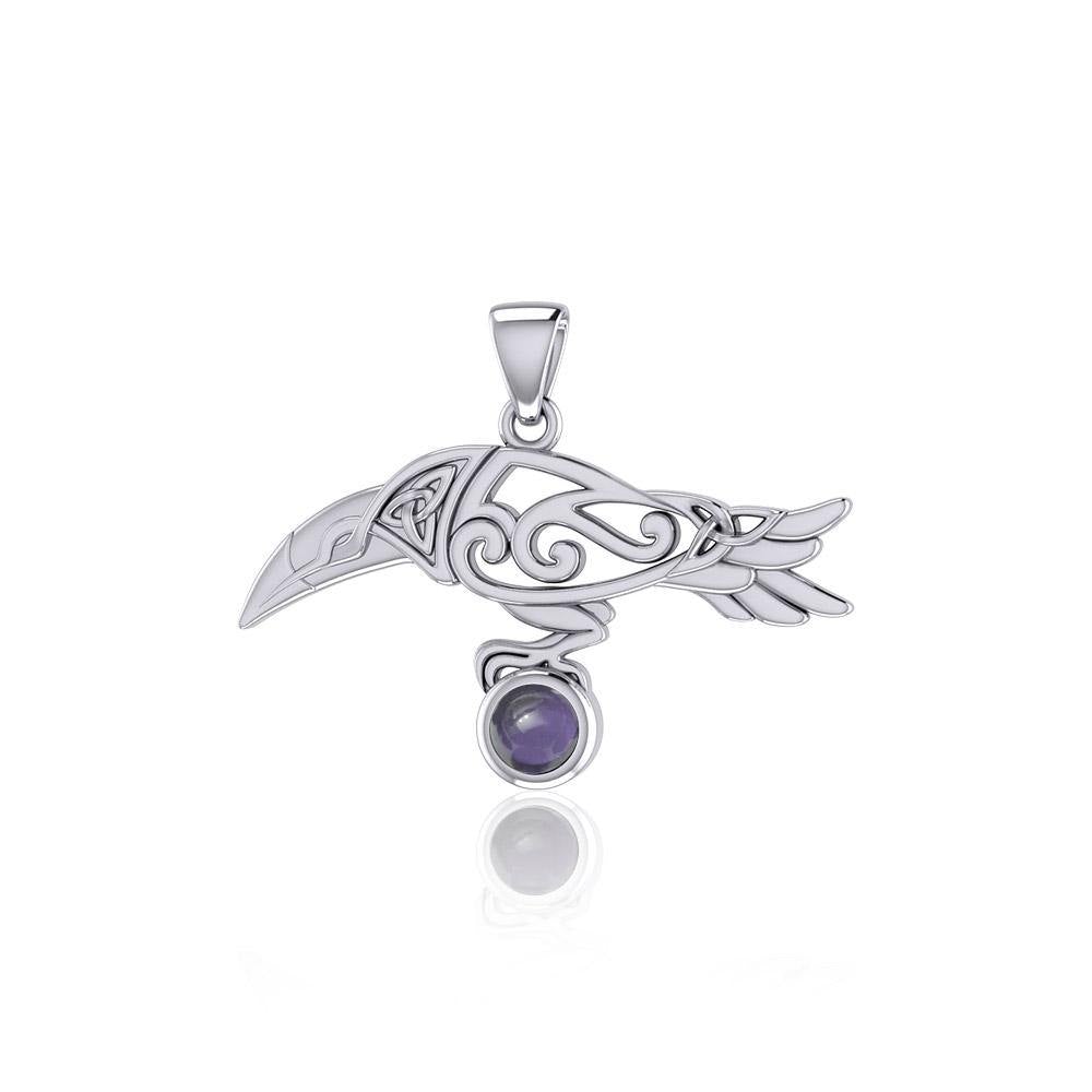 Celtic Spirit Raven with Gemstone Silver Pendant TPD5252 - Jewelry