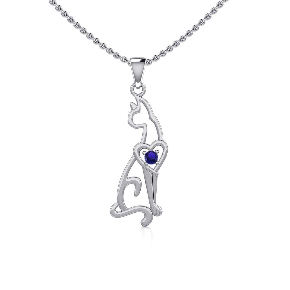 Lovely Heart Cat Silver Pendant with Gem TPD5273 - Jewelry