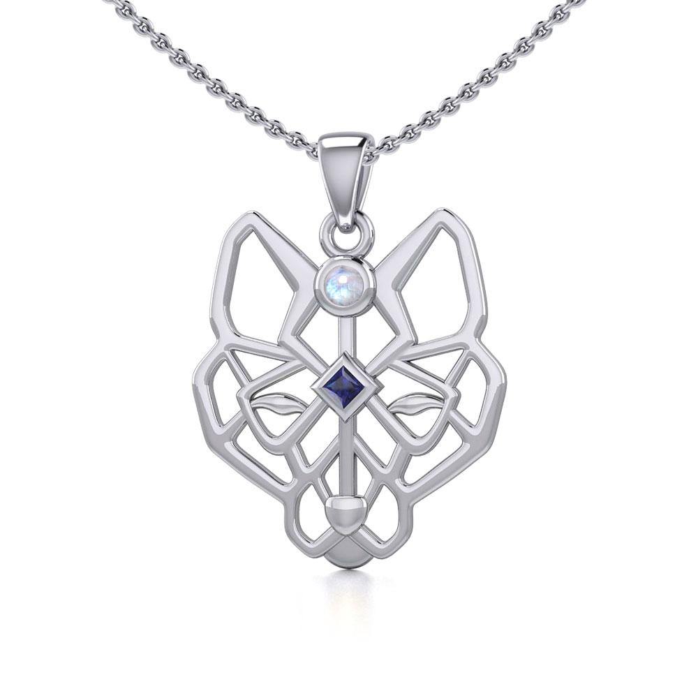 Geometric Wolf Silver Pendant with Gemstone TPD5276 - Jewelry