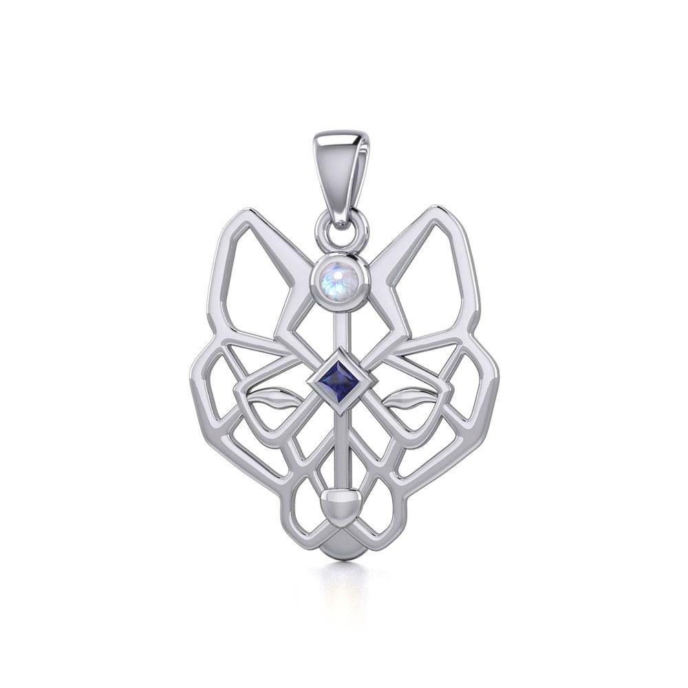 Geometric Wolf Silver Pendant with Gemstone TPD5276 - Jewelry