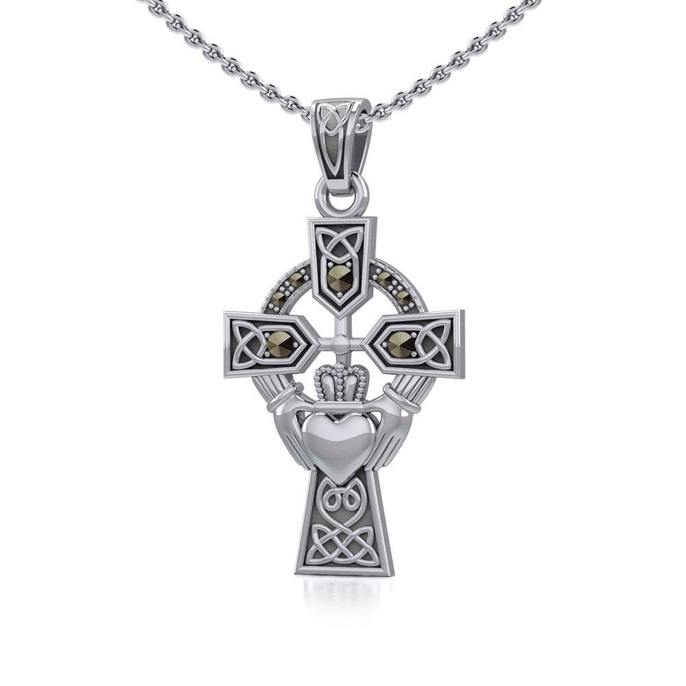 Celtic Cross and Irish Claddagh Silver Pendant with Marcasite TPD5341 - Jewelry