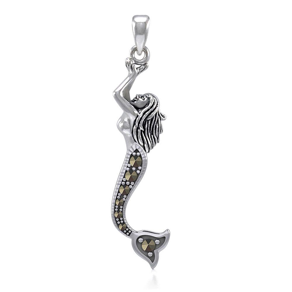 The Swimming Mermaid Silver Pendant with Marcasite TPD5363 - Jewelry