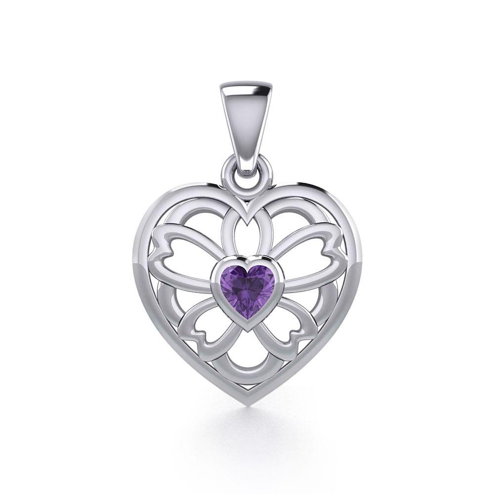 Flower in Heart Silver Pendant with Gemstone TPD5425 - Jewelry