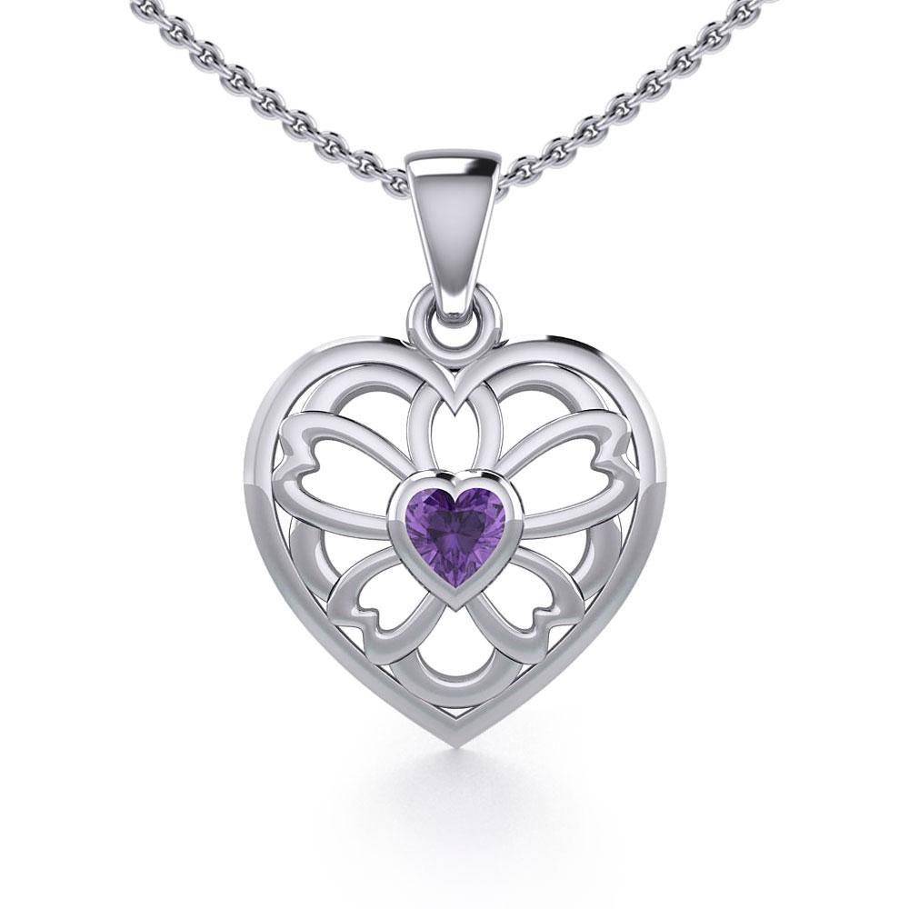 Flower in Heart Silver Pendant with Gemstone TPD5425 - Jewelry
