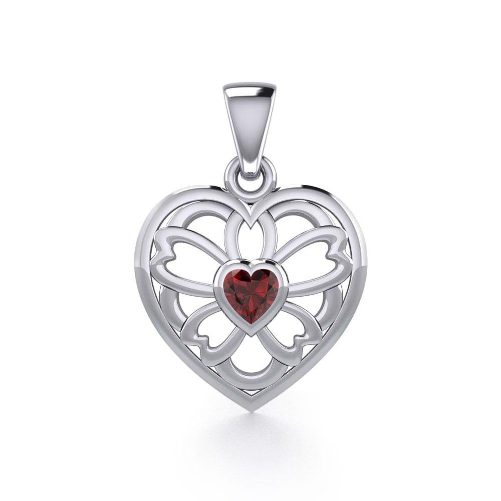 Flower in Heart Silver Pendant with Gemstone TPD5425 - Jewelry